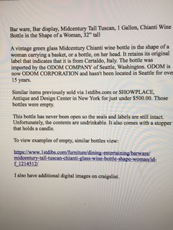 32” Chianti bottle in the shape of a lady. Bar display.