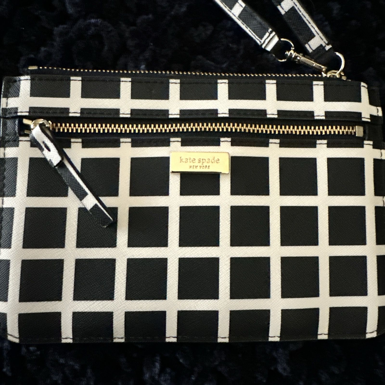 KATE SPADE Black White Check LAUREL WAY TINIE WRISTLET Wallet Pouch Purse NEW
