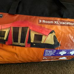 New 3-Room Tent, New 2 Full Air Mattresses With 2 Electric Air Pumps, 2 New Folding Chairs,  Portable Toilet, Etc…