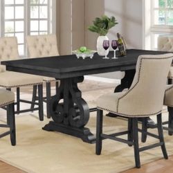 Dark Grey Counter Height Dining Table With 6 Beige Chairs
