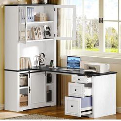 YITAHOME L Shaped Executive Desk with Hutch and Drawers, Farmhouse Home Office Desk with Power Outlet, Wood Corner Computer Desk with Sliding Door, St