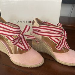 Tommy Hilfiger Pink Ankle Wrap Jute Wedge Heels Size 7.5
