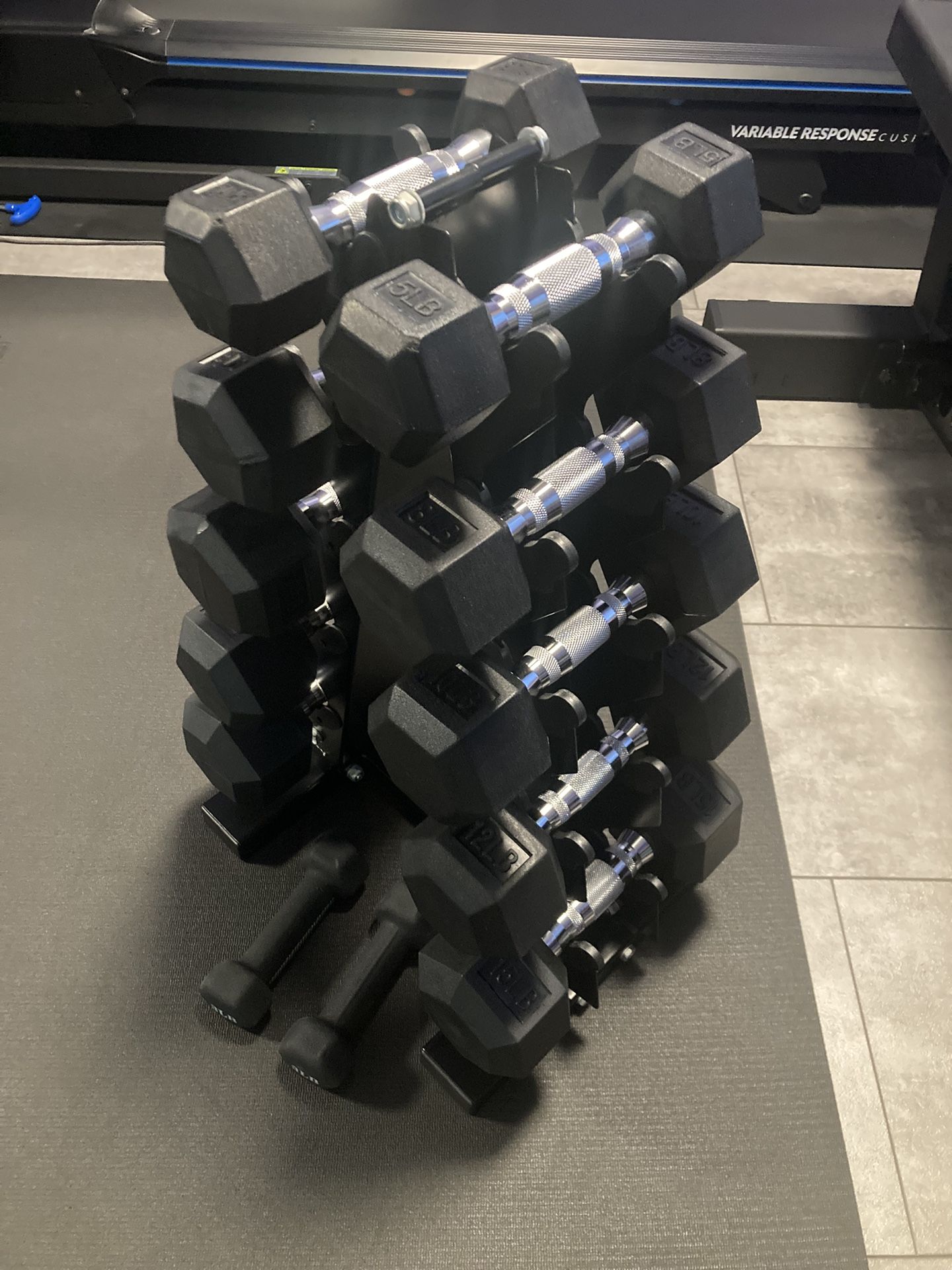 5-15 lb Hex Dumbbell set with rack PLUS Pair 3lb Rubber Dumbbells