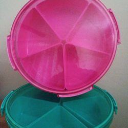 Craft organizer 2 circular spinning containers w/ 6 pie shaped removable compartments PINK/SEA BLUE GREEN. $25 OBO. BN W/O PLASTIC WRAPPING