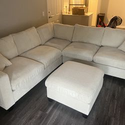 New 6 Piece Modular Sectional.  Off White / Beige Corduroy Fabric.  99” X  99”.  Free Delivery!