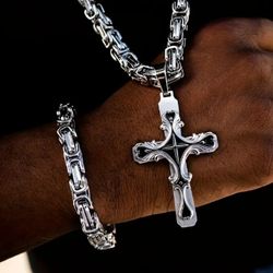 Uniquely Crafted Multi-Layer 2-Tone Titanium Cross Pendant With 24"Byzantine Chain Necklace & Bracelet Set