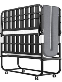Folding Bed with Memory Mattress, 75" x 38" Twin Portable Roll Away Guest Cot, Widened Grid Support Frame for Adults, Space-Saving for Office, Room, B