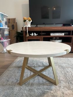 Round White Marble-Look Coffee Table with Gold Base