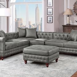 Brand New Grey Leather Retro Style Sectional Sofa w Ottoman 