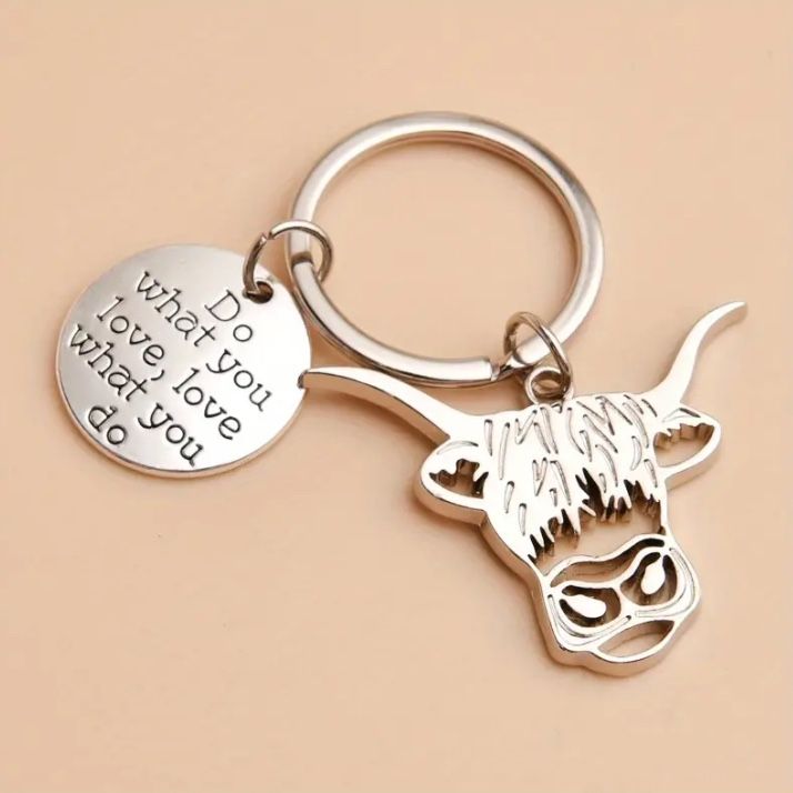 Highland Cow Bull Head Stainless Steel Motivational Keychain 