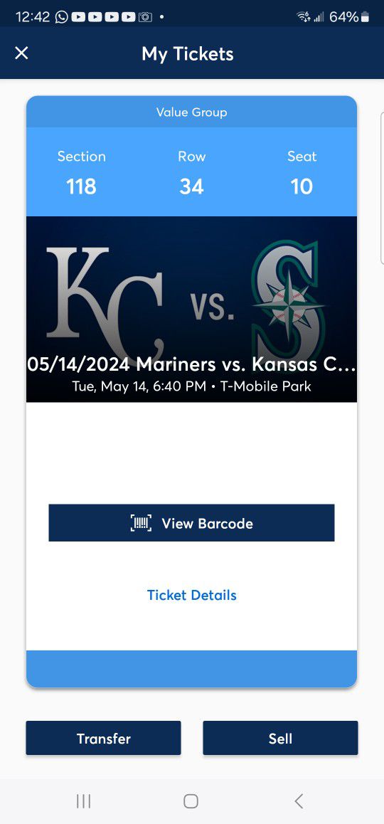Mariner's Ticket (1), May 14, Section 118, Row 34, Seat 10