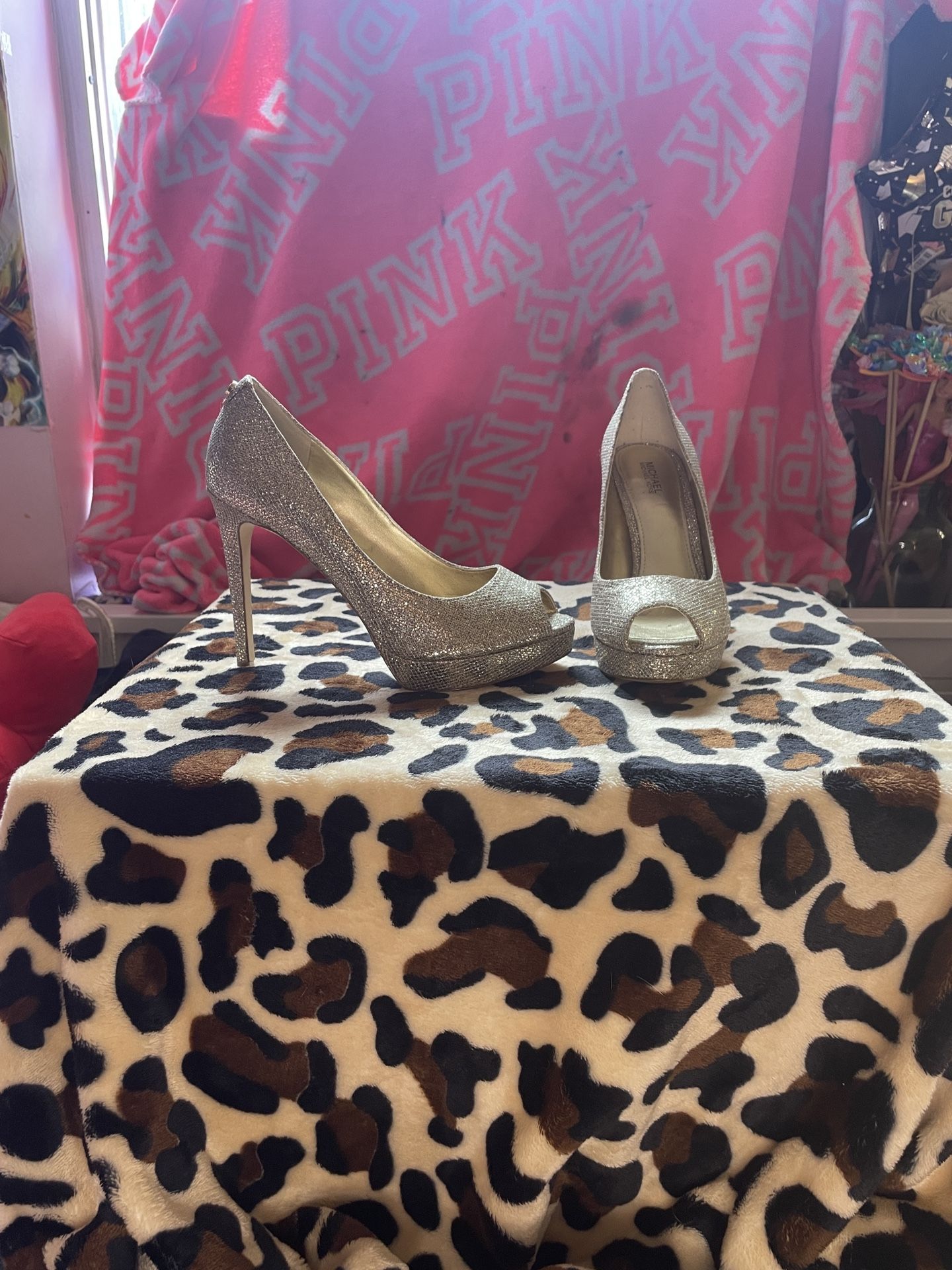 MICHAEL Michael Kors Glittering Silver Peep-Toe Heels