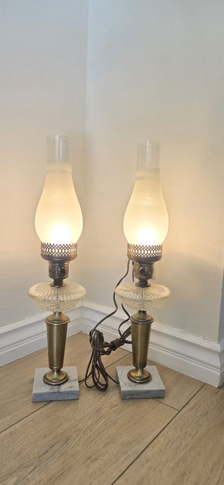 Two Vintage Electric Brass Hurricane Style Lamps With Marble & Crystal Base. In Great Condition.
