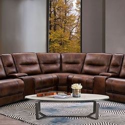 Brand New Brown Top Grain Leather Power Reclining Sectional With USB Charger