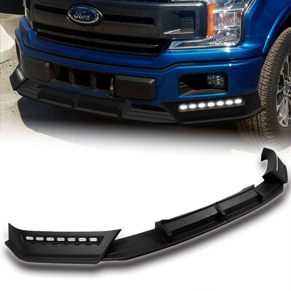 For 2018-2020 Ford F-150 Black Front Bumper Lip W/ LED Sequential Running Lights -(2-PU-107-LED