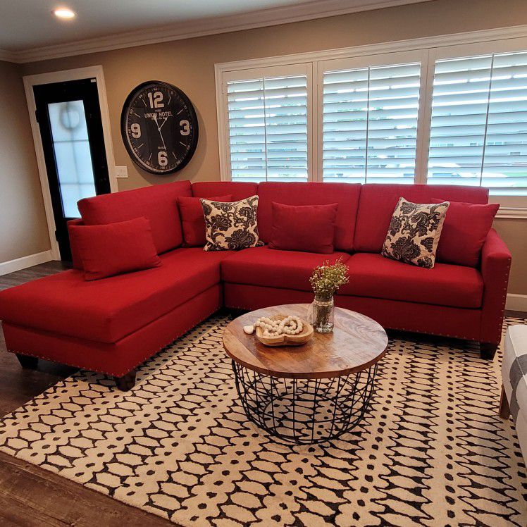 Beautiful Red Sectional W/ Nailheads  9ft X 7ft