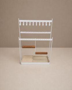 White Jewelry Organizer Stand with Ring Tray & Wooden Bracelet Bars