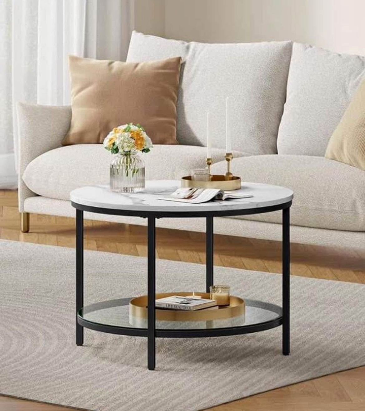 Round Coffee Table, Small Coffee Table with Faux Marble Top and Glass Storage Shelf, 2-Tier Circle Coffee Table, Modern Center Table for L