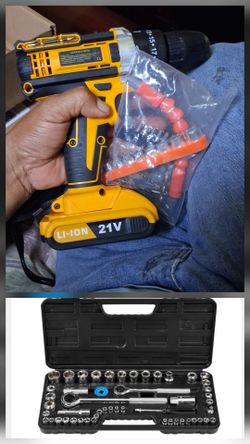 Drill with battery charger and tools set