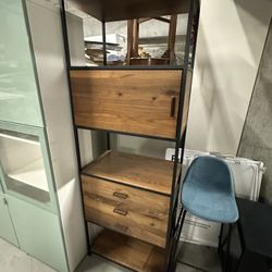 Crate and Barrel Knox Black Trim + Walnut Tall Storage Bookshelf.
