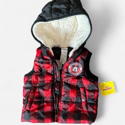 NWT Disney Junior Mickey Mouse Buffalo Plaid Hooded Puffer Vest | 18M