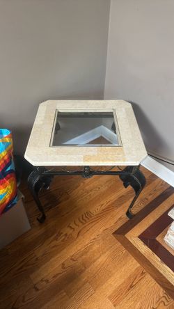 Elegant Marble-Top Accent Table with Glass Center and Iron Base
