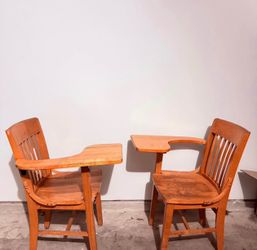 Pair of Solid Oak Study Chairs w/ Writing Tablet – Commercial Grade