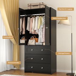 2-Door Sandrea With Mirror, Wardrobe Closet With 3 Drawers
