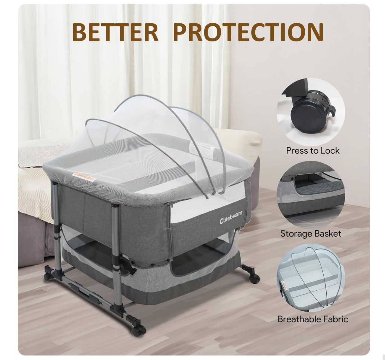 Twin Bassinet for 2 Babies, 3 in 1 Bedside Co Sleeper Double Bassinet for Twins, Rocking Bassinet for Baby with Wheels and Storage Basket,