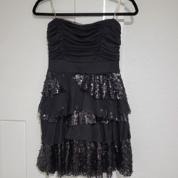 Black Strapless Sequin Mesh Layered Formal Dress