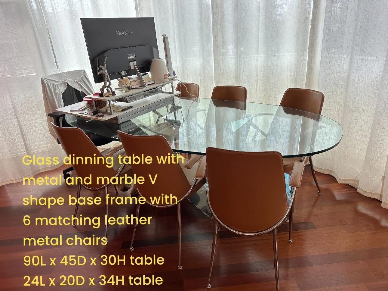 Glass Oval Table And 6 Leather Chairs