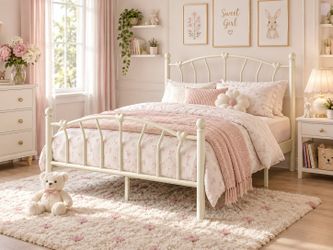 Queen bed Platform Bed Frame, Butterfly Pattern Design, White
Wrought Iron-Art Headboard & Footboard, Under Bed Storage, No Box Spring Needed, Easy As