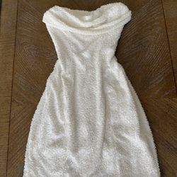 Oh Polly Basel White Dress Embellished Strapless Cowl Neck Mini Dress in Ivory