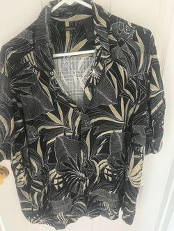 Clayborne men’s dress shirt, palm leaves, beige, and black