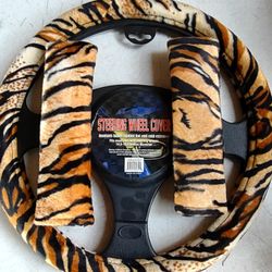 3pc Tiger Print Steering Wheel Cover & Seat Belt Pads
