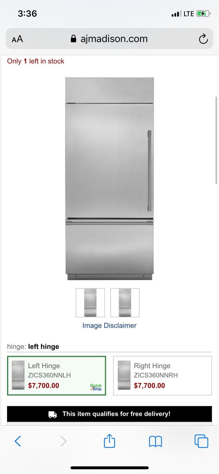 Monogram ZICS360NNLH 36" 21.3 cu.ft. Stainless Steel BuiltIn Bottom