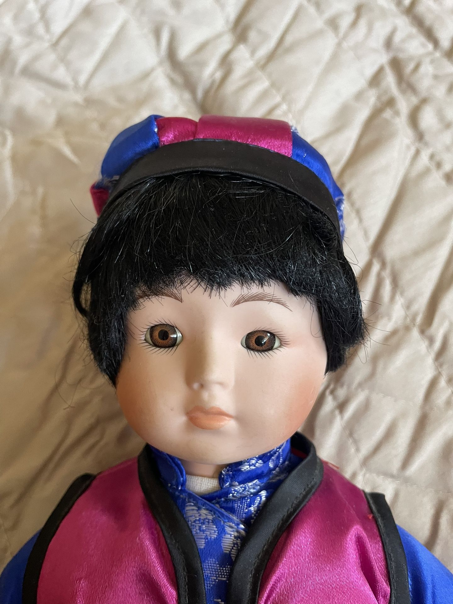 VINTAGE porcelain doll with accompanying hat, shoes.