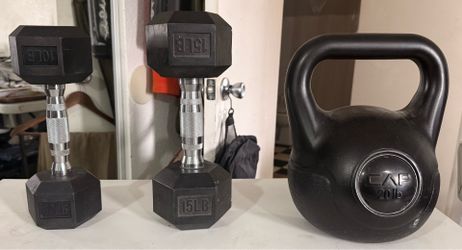 10 & 15lb Dumbells and 20lb Kettlebell