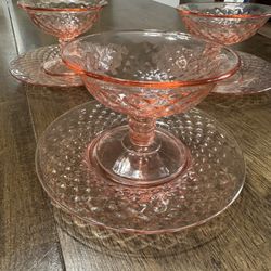 Pink Depression, Glass Sherbet, Serving Dishes With Saucers, Three Total Indiana Glass