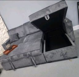 2-pc sectional sofa pull-out bed & storage dark grey corduroy NEW