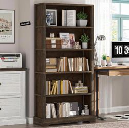 5-Tier Solid Wood Book Shelf, Floor Standing Bookcase, Farmhouse Style Book Case with Arched Base, Suitable for Living Room, Study, Office, Rustic Bro