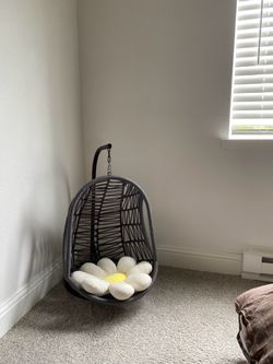 Gray Wicker Hanging Egg Cat Chair with Stand