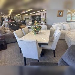 7PC Marble top dining table set with 6 bucket chairs