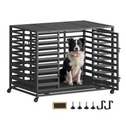 Heavy-Duty Dog Crate, XL Dog Cage with Lock Wheels Indoor Metal Dog Kennel for Large Dogs, Removable Tray and Door, Ink Black, 42.1 x 27.6 x 32.5 Inch
