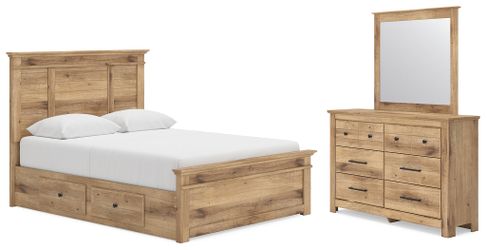 Makidern Tan Queen Panel Bed with Storage, Dresser and Mirror