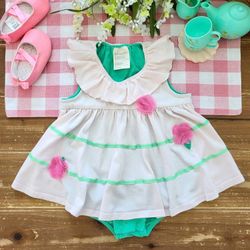 18MOS SLEEVELESS PALE PINK & DARK MINT FLORAL TULLE ROMPER 