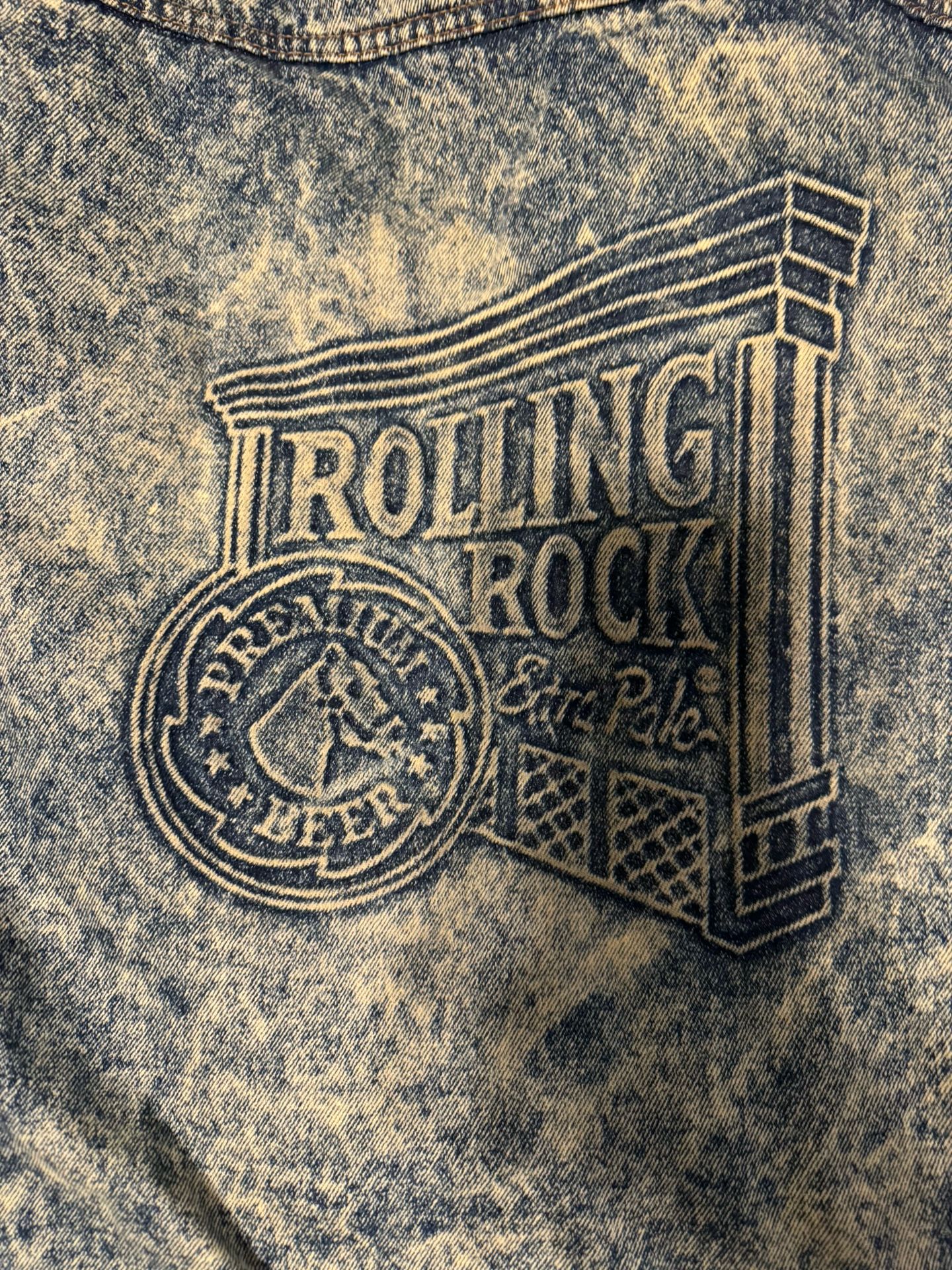 Vintage 90s Mens Size XL Rolling Rock Beer Acid Wash Denim Jacket XL RARE 