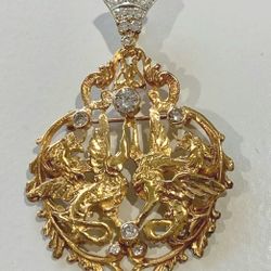 Antique 14k Gold & Diamonds Crowned Double Griffin Brooch Pendant Pin