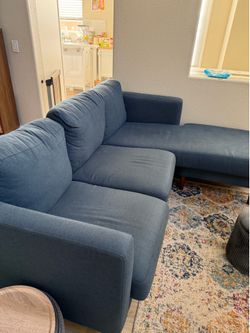Rivet revolve midcentury modern blue L-shaped sofa couch