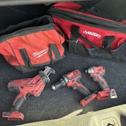 Milwaukee Impact Drill Hackzaw Set, 2 Batteries And Charger Available, Husky Tool Bag , Milwaukee Tool Bag 